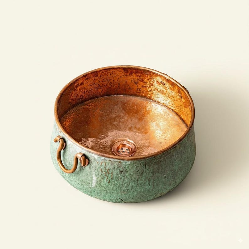Green Patina Copper Vessel Sink with Decorative Handles