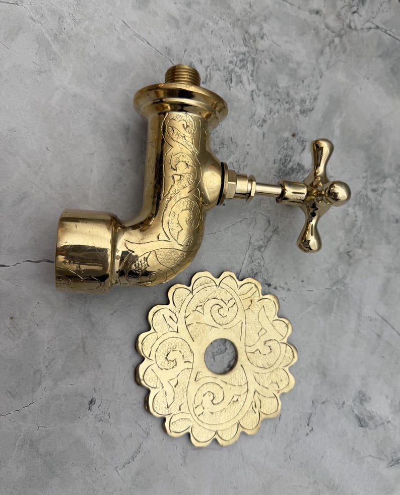 Hand-Engraved Polished Brass Wall Mount Faucet