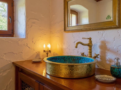 Turquoise Hammered Brass Vessel Sink with Gold Exterior