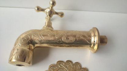 Hand-Engraved Polished Brass Wall Mount Faucet