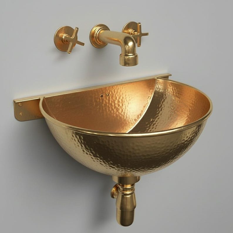 Hand-Hammered Gold Brass Wall-Mount Sink with Matching Cross-Handle Tap
