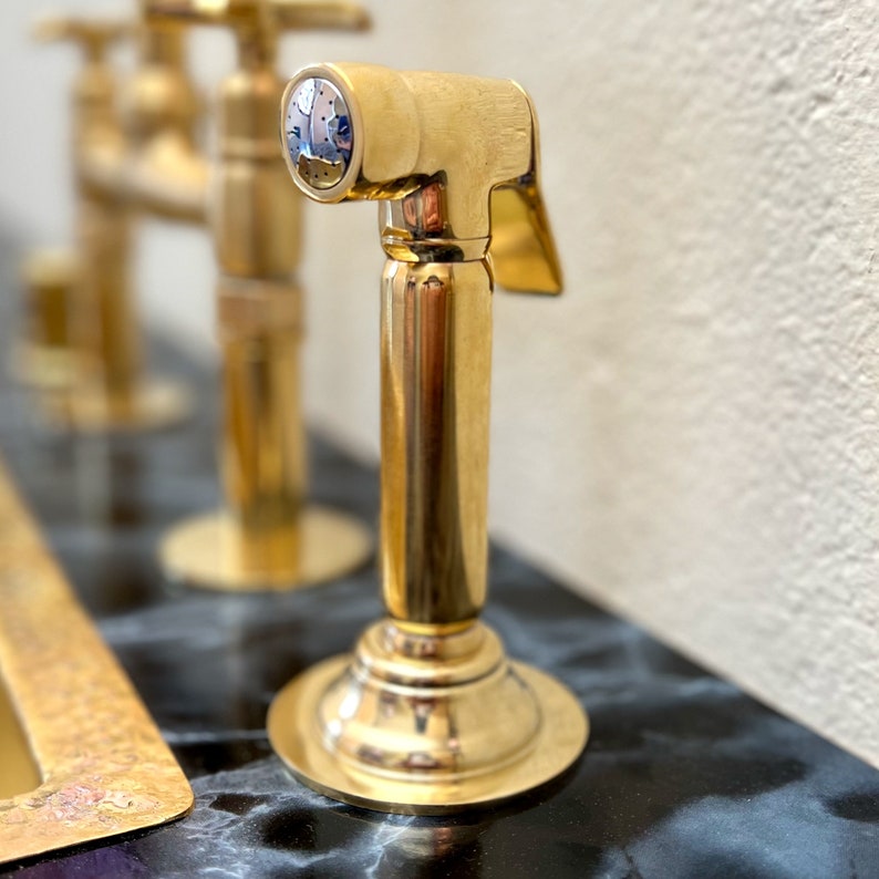 Unlacquered Brass Bridge Kitchen Faucet with Side Sprayer