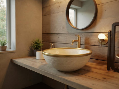 Handcrafted Textured Vessel Sink with Brass Rim