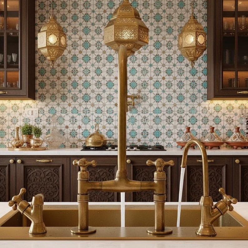 Moroccan-Style Unlacquered Brass Bridge Kitchen Faucet