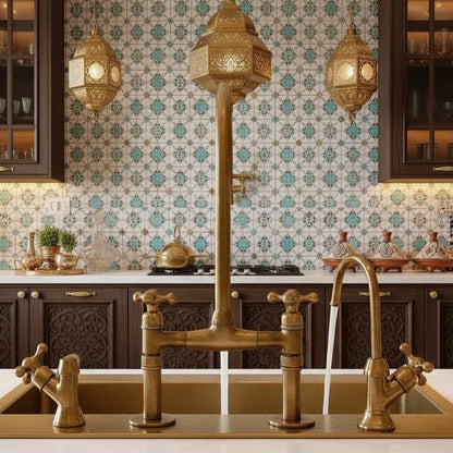 Moroccan-Style Unlacquered Brass Bridge Kitchen Faucet