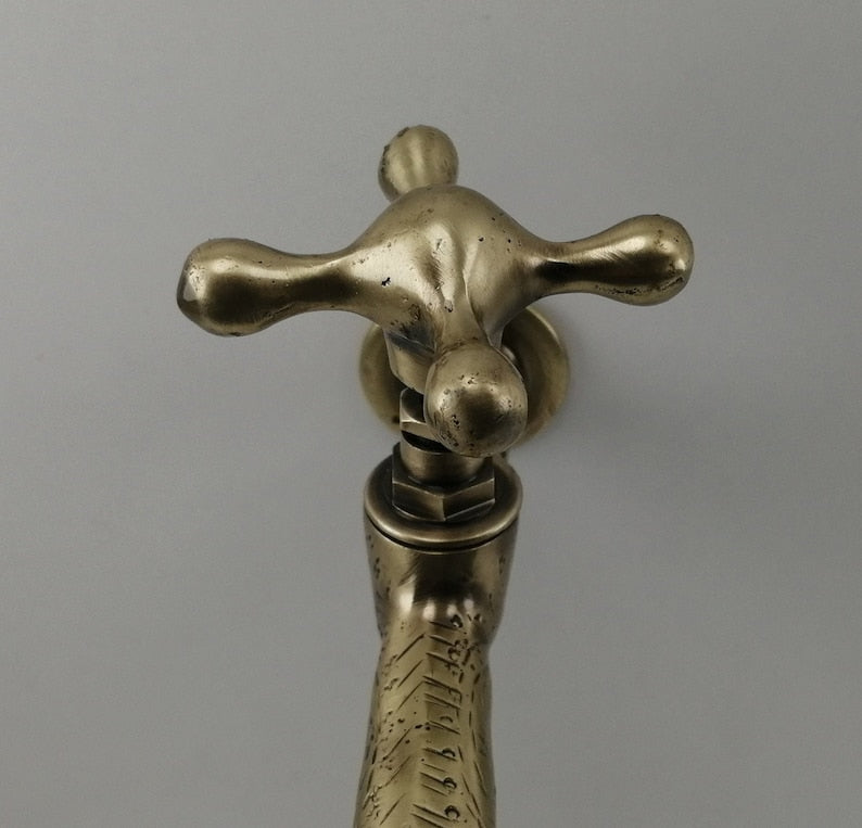 Engraved Antique Brass Wall Faucet