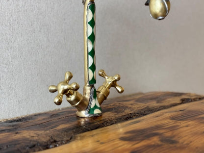 Green Inlay Brass Gooseneck Faucet with Cross Handles