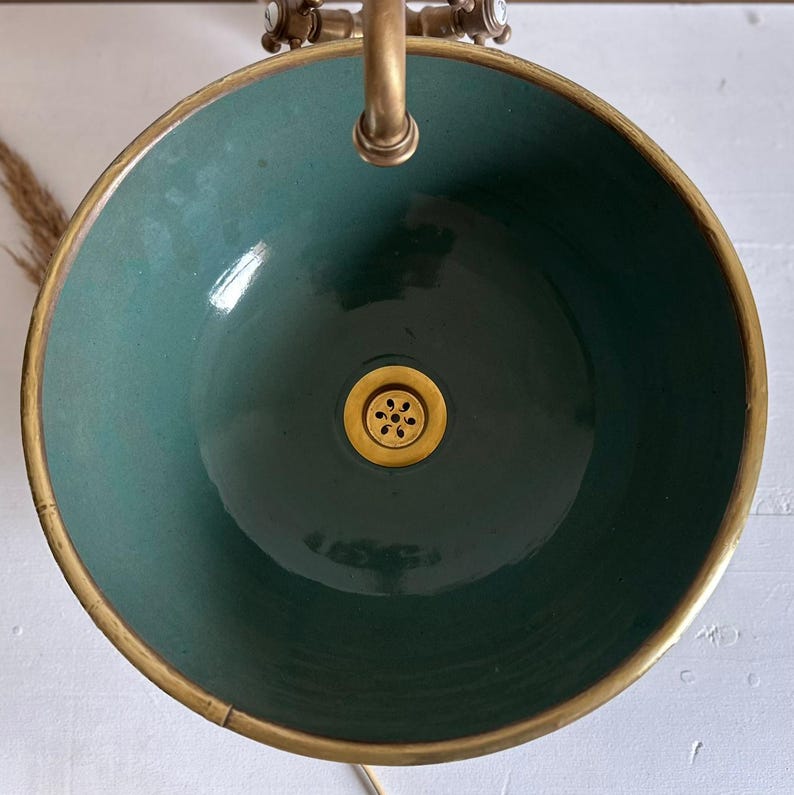 Green Patina Copper Vessel Sink with Brass Rim