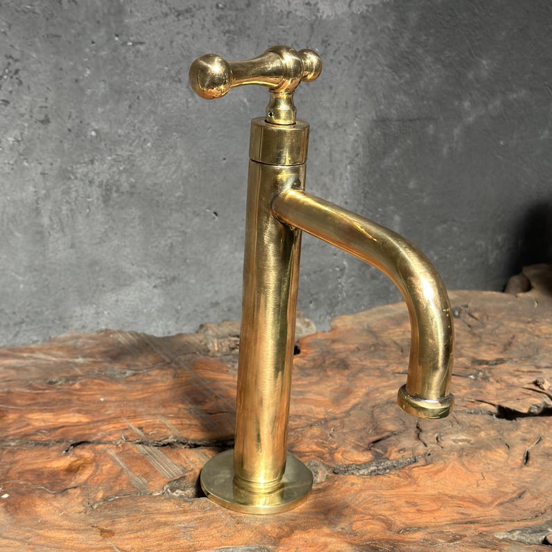Vintage Brass T-Handle Faucet with Curved Spout