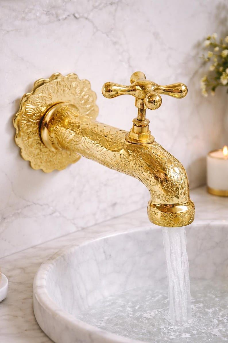 Engraved Polished Brass Wall Mount Bathroom Faucet