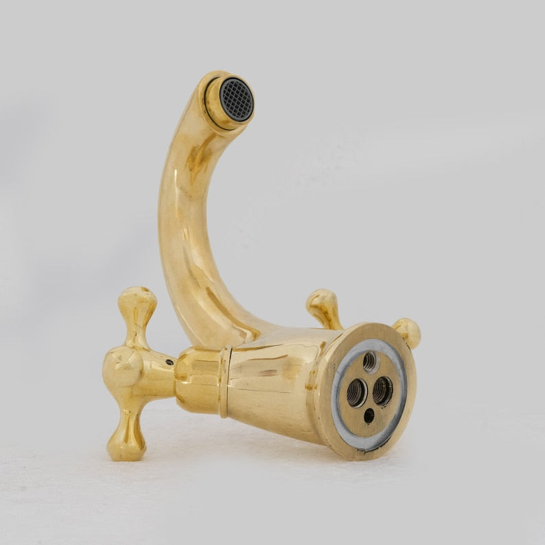 Polished Solid Brass Bathroom Faucet with Cross Handles