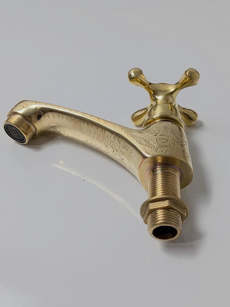 Vintage Engraved Brass Bibcock Faucet with Cross Handle