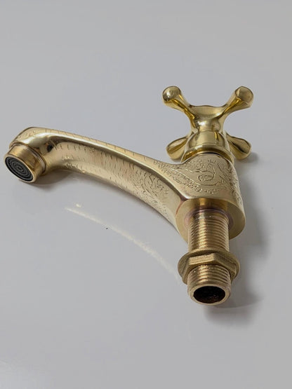 Vintage Engraved Brass Bibcock Faucet with Cross Handle