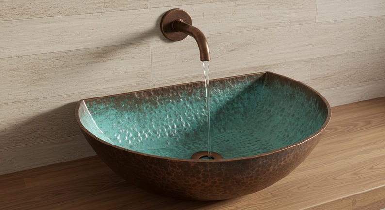 Hand-Hammered Moroccan Copper Vessel Sink with Turquoise Verdigris Interior