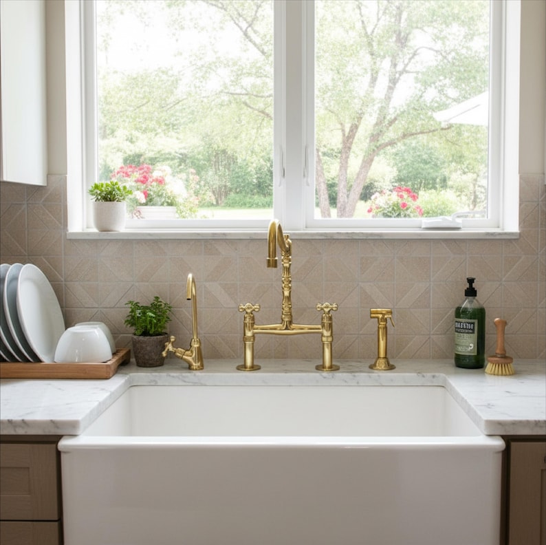 Unlacquered Brass Bridge Kitchen Faucet with Side Sprayer