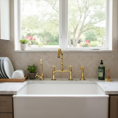 Unlacquered Brass Bridge Kitchen Faucet with Side Sprayer