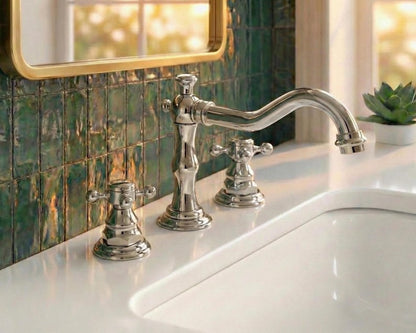 Widespread Unlacquered Brass Bathroom Faucet with Classic Cross Handles