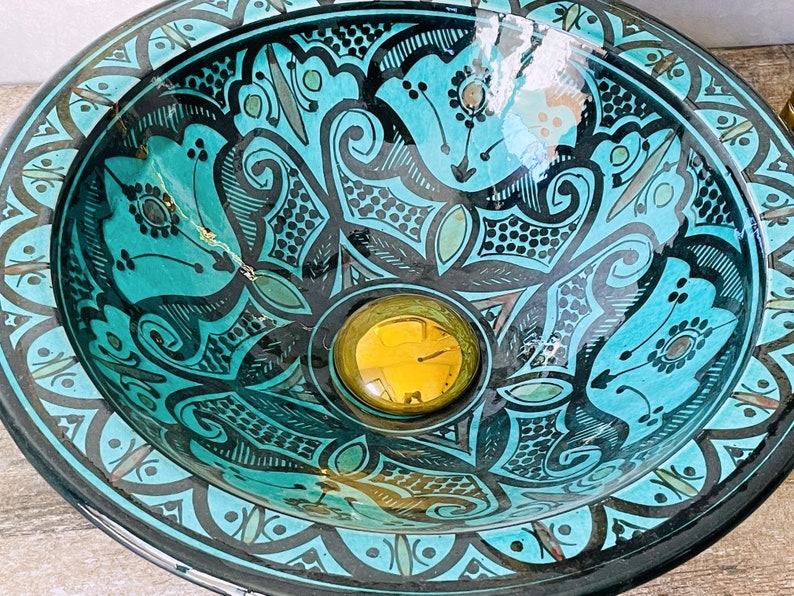 Hand-Painted Turquoise Moroccan Glass Vessel Sink