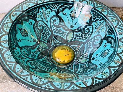 Hand-Painted Turquoise Moroccan Glass Vessel Sink