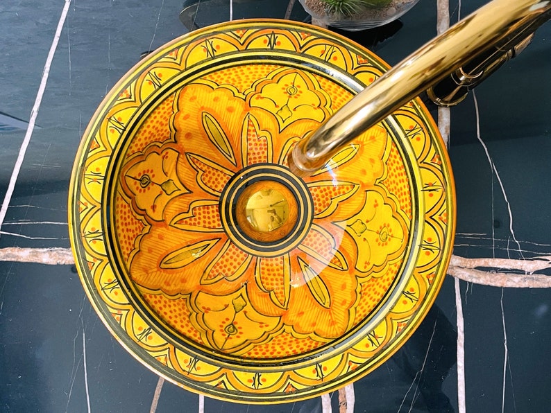 Hand-Painted Moroccan Ceramic Vessel Sink – Yellow Artisan Basin