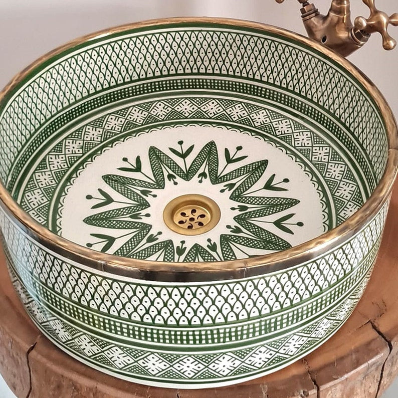 Hand-Painted Moroccan Ceramic Vessel Sink with Brass Rim