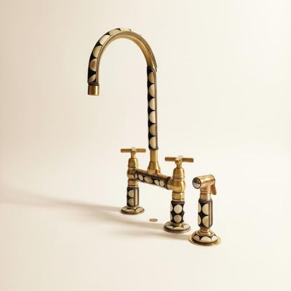 Mother of Pearl Inlay Brass Bridge Kitchen Faucet with Side Sprayer