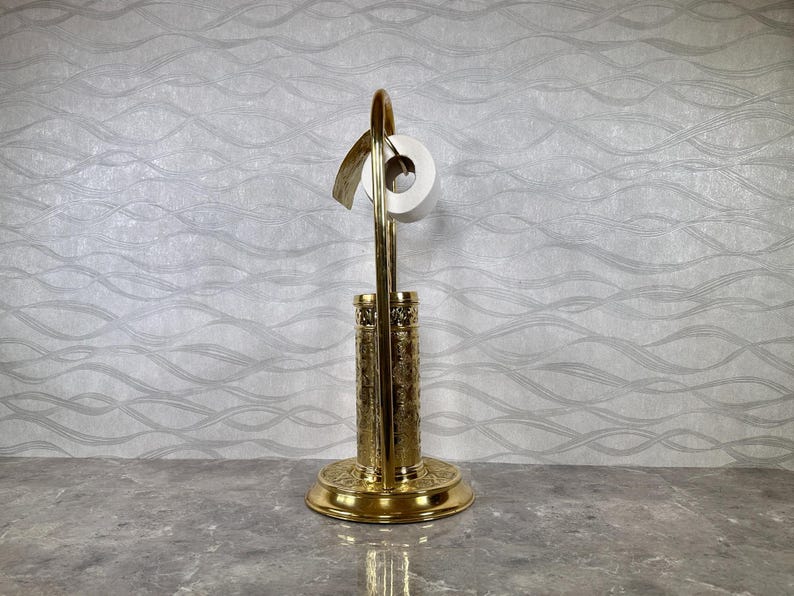 Handmade Solid Brass Toilet Paper Holder with Stand – Moroccan Engraved Freestanding Bathroom Accessory