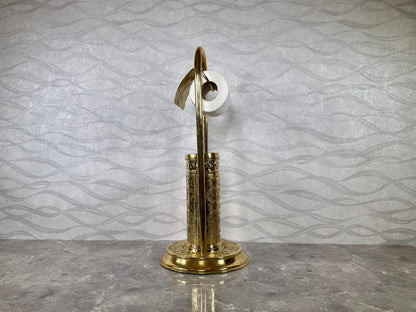 Handmade Solid Brass Toilet Paper Holder with Stand – Moroccan Engraved Freestanding Bathroom Accessory