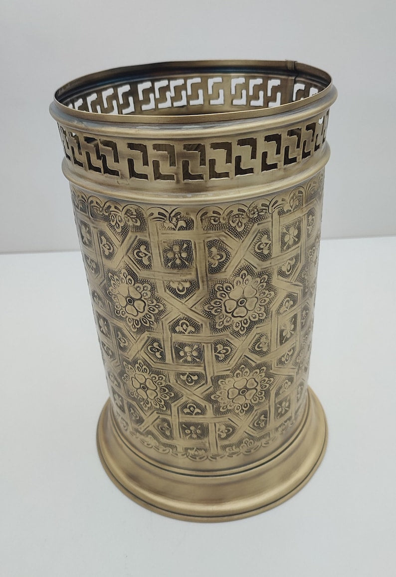 Handmade Solid Brass Wastebasket – Engraved Moroccan Bathroom Trash Can