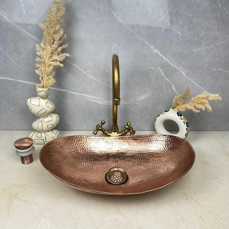 Hand-Hammered Oval Copper Sink with Vintage Brass Faucet