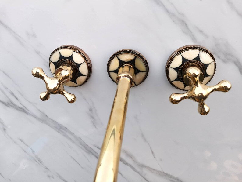 Moroccan Mosaic Brass Wall Mount Faucet with Curved Spout