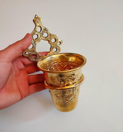 Handmade Solid Brass Toothbrush Holder – Engraved Moroccan Wall-Mounted Cup