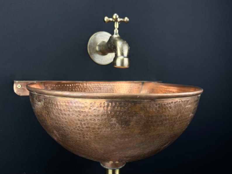 Hand-Hammered Moroccan Brass Wall-Mount Sink with Engraved Vintage Tap