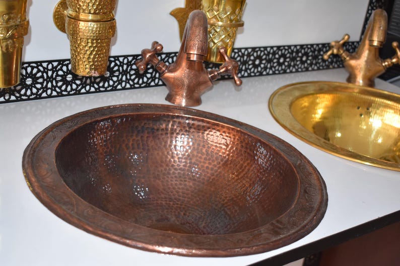Hand-Hammered Copper Sink with Vintage Cross-Handle Faucet