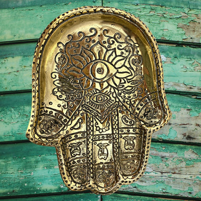 Handmade Brass Hamsa Hand Tray – Engraved Evil Eye Decorative Catchall Dish