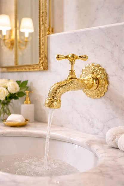 Engraved Polished Brass Wall Mount Bathroom Faucet