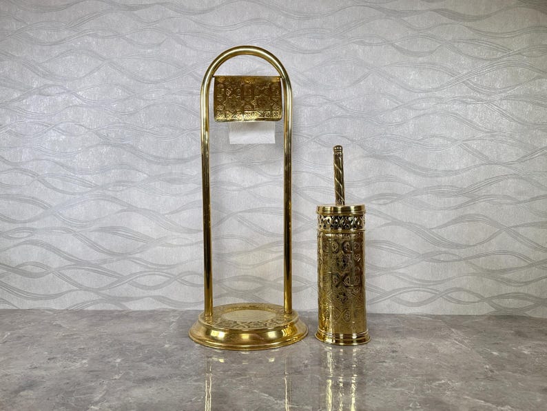 Handmade Solid Brass Toilet Paper Holder with Stand – Moroccan Engraved Freestanding Bathroom Accessory