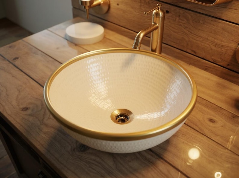 Handcrafted Textured Vessel Sink with Brass Rim