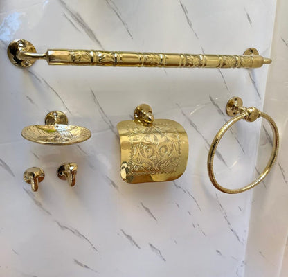 Handmade Solid Brass Bathroom Accessories Set – Engraved Moroccan Towel Bar, Ring & Soap Dish
