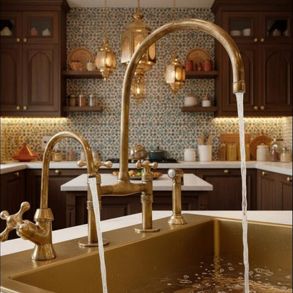 Moroccan-Style Unlacquered Brass Bridge Kitchen Faucet