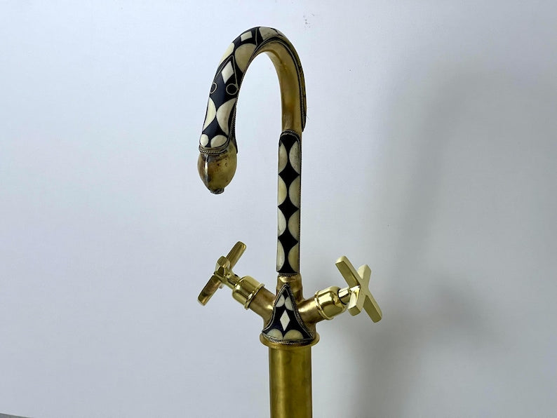 Decorative Inlay Brass Gooseneck Faucet with Cross Handles