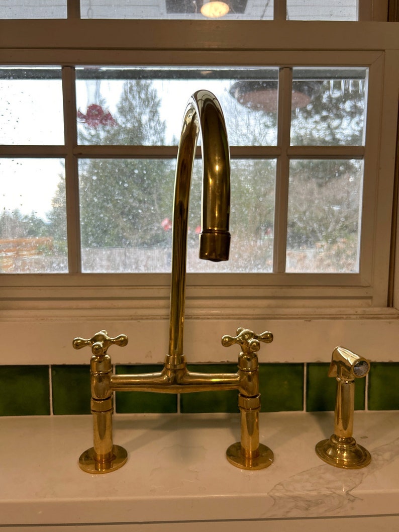 Unlacquered Brass Bridge Kitchen Faucet with Side Sprayer