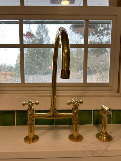 Unlacquered Brass Bridge Kitchen Faucet with Side Sprayer