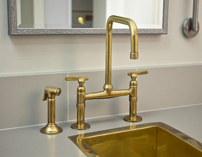 Unlacquered Brass Bridge Kitchen Faucet with Dual Sprayers