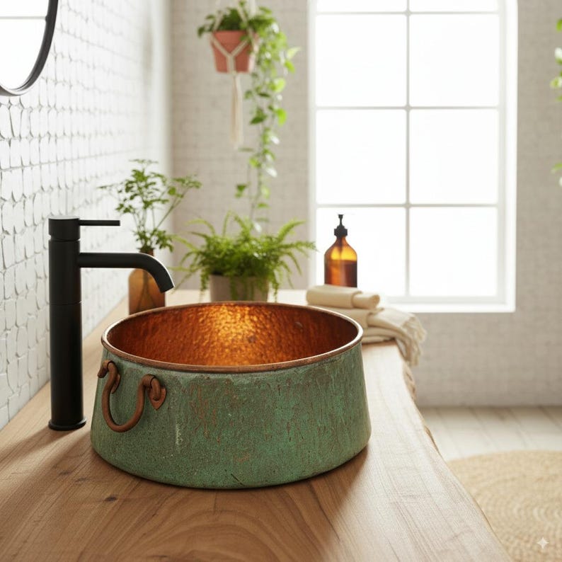 Green Patina Copper Vessel Sink with Decorative Handles