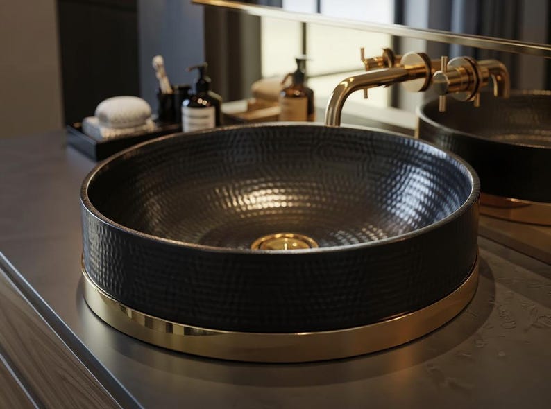 Matte Black Hammered Vessel Sink with Brass Base Ring