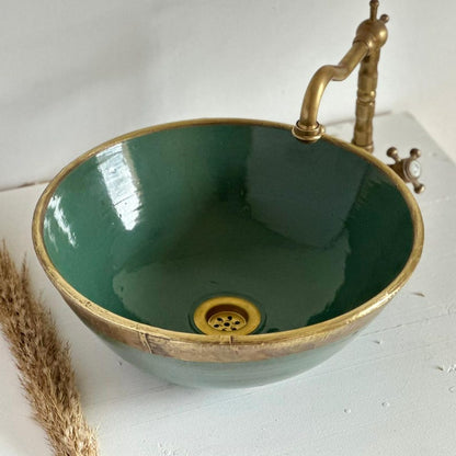 Green Patina Copper Vessel Sink with Brass Rim
