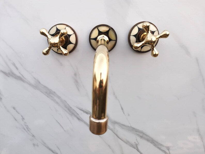 Moroccan Mosaic Brass Wall Mount Faucet with Curved Spout
