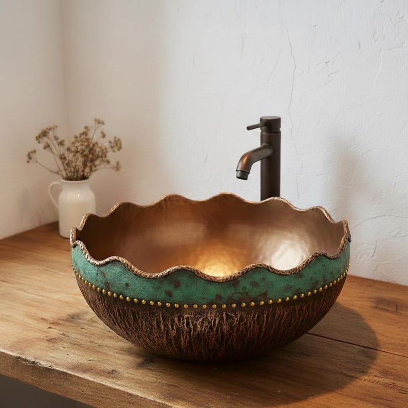 Scalloped Edge Two-Tone Patina Copper Vessel Sink