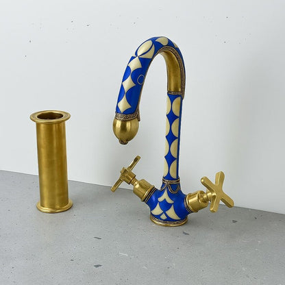 Blue Inlay Brass Gooseneck Faucet with Cross Handles